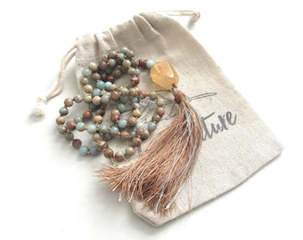 Joyful Mala Beads - African Opal & Citrine Beads - Hand Knotted - 108 Beads - Handmade Silk Thread Tassel