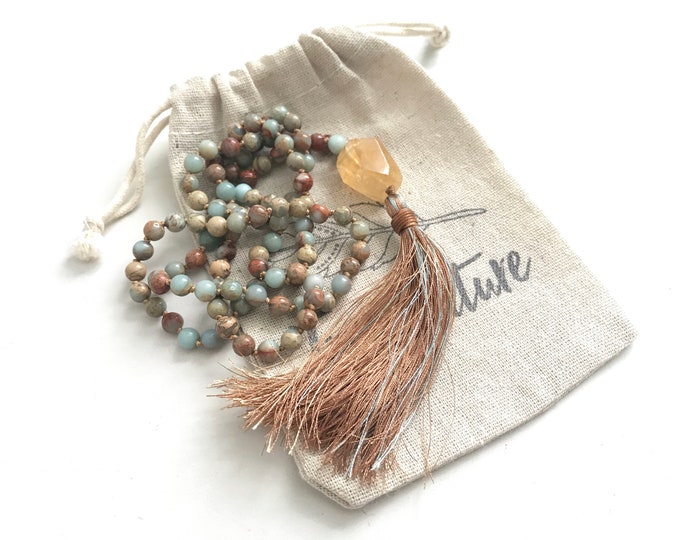 New Beginnings Mala - Citrine Mala Beads - African Opal Mala Necklace - 108 Beads - Yoga Meditation Beads - Mantra Mala - Silk Tassel