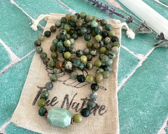 Heart Chakra Mala Beads - Anahata Mala Necklace - Amazonite - Green Jade - Moss Agate - Chrysoprase - African Turquoise - 108 Bead Mala