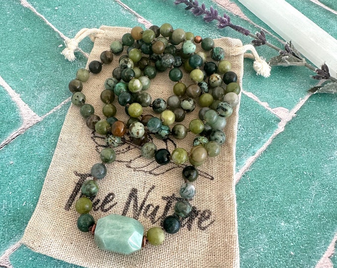 Heart Chakra Mala Beads - Anahata Mala Necklace - Amazonite - Green Jade - Moss Agate - Chrysoprase - African Turquoise - 108 Bead Mala