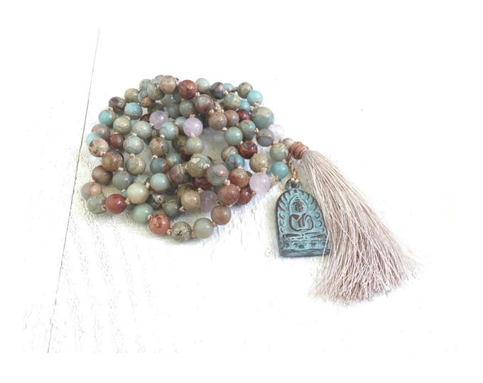 African Opal Mala Necklace: Rose Quartz, Buddha Pendant, Meditation Beads