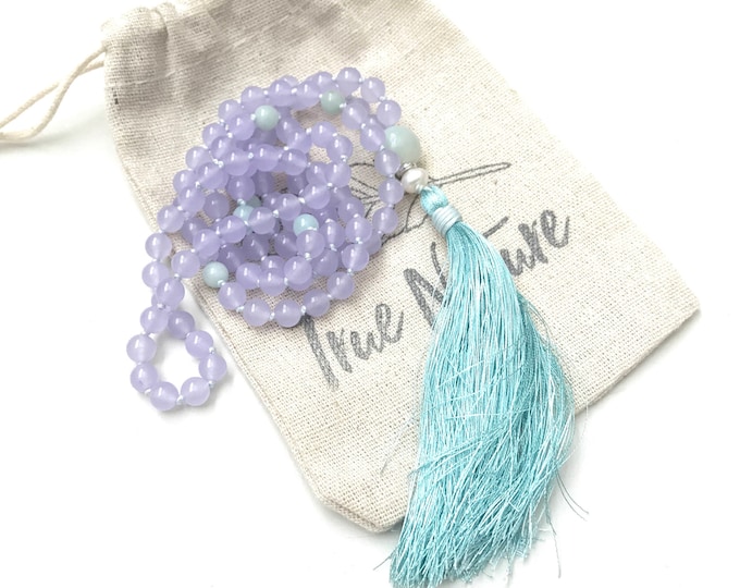 Calming Vibrations Purple Jade Mala Bead Necklace - Freshwater Pearl - 108 Beads