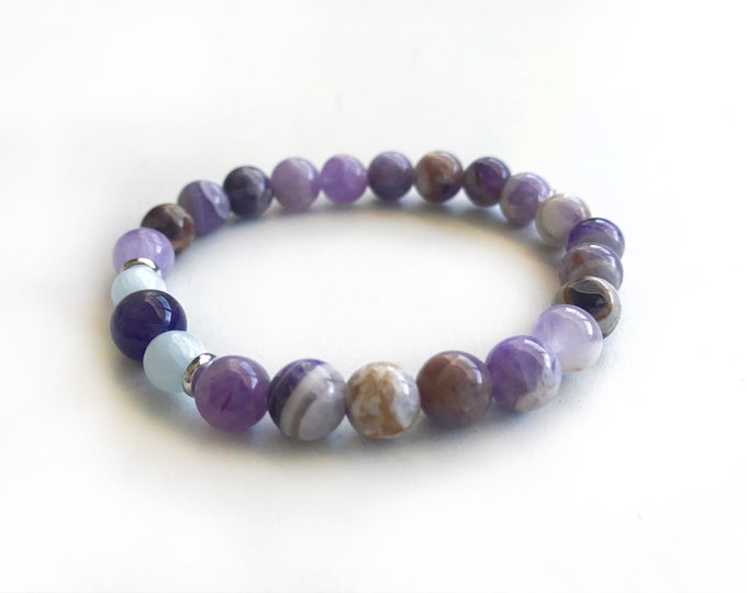 Flower Amethyst & Aquamarine Stretch Bracelet, Match Your Mala Beads, Natural Healing Jewelry, Purple Bracelet