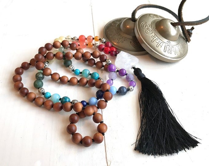 Balance The Chakras Mala Beads - Sandalwood & Mixed Gemstones Beads - 108 Bead Chakra Mala - Unisex Mala Necklace - Colorful Mala Beads