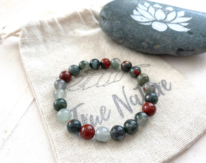 BLOODSTONE - Remove Energy Blocks - Mala Bead Bracelet - Natural Healing Stones - Stretch Bracelet - Stacking Jewelry - Yoga Beads