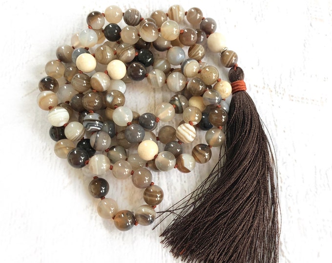 Heal The Emotions Mala Beads - Botswana Agate Mala Necklace - 108 Beads - Riverstone Beads - Hand Knotted -  Spiritual Jewelry