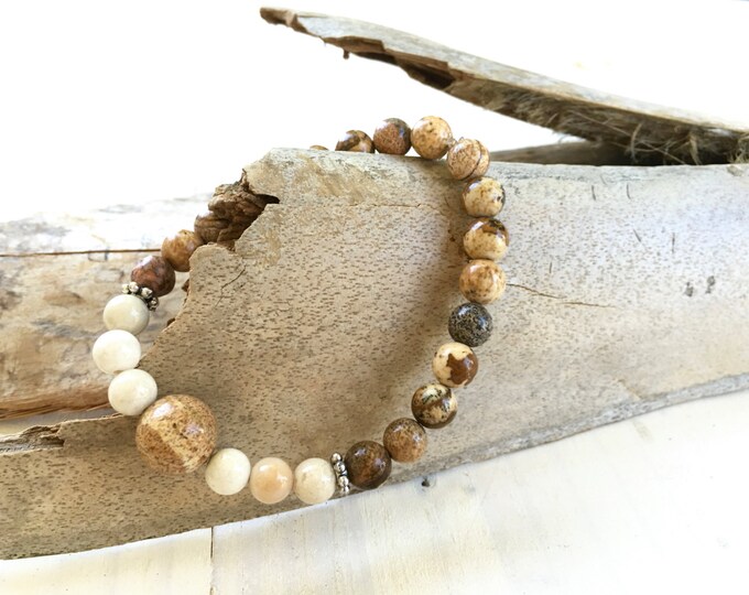 Picture Jasper Mala Bracelet, Match Your Mala, Yoga Jewelry, Boho Stretch Bracelet, Casual Beach Bracelet