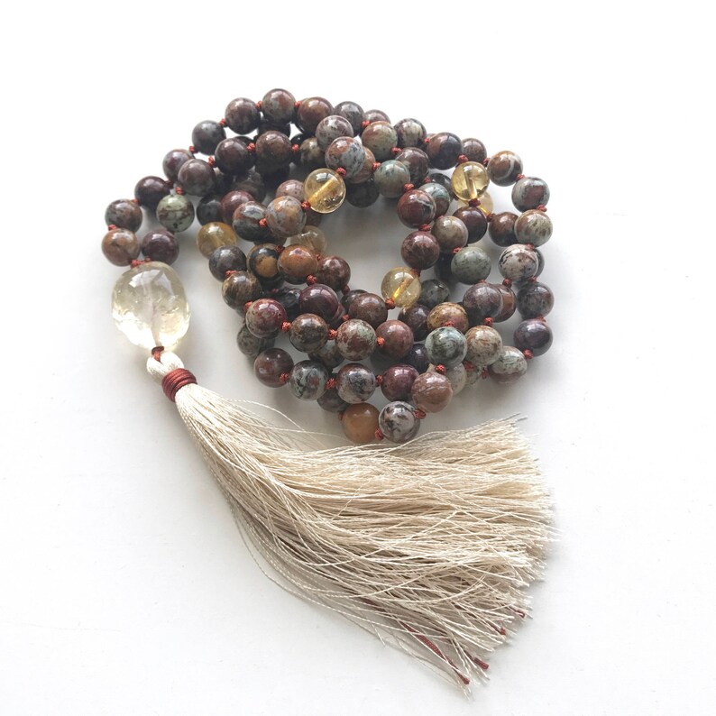 108 Bead Mala With Sari Silk Tassel AFRICAN OPAL MALA Citrine Mala Bead Necklace Unique Mala Beads Japa Mala Necklace