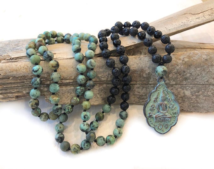Release Emotional Attachments Mala Beads - African Turquoise Mala Necklace - Black Lava Mala - Seated Buddha Pendant - 108 Beads Mala