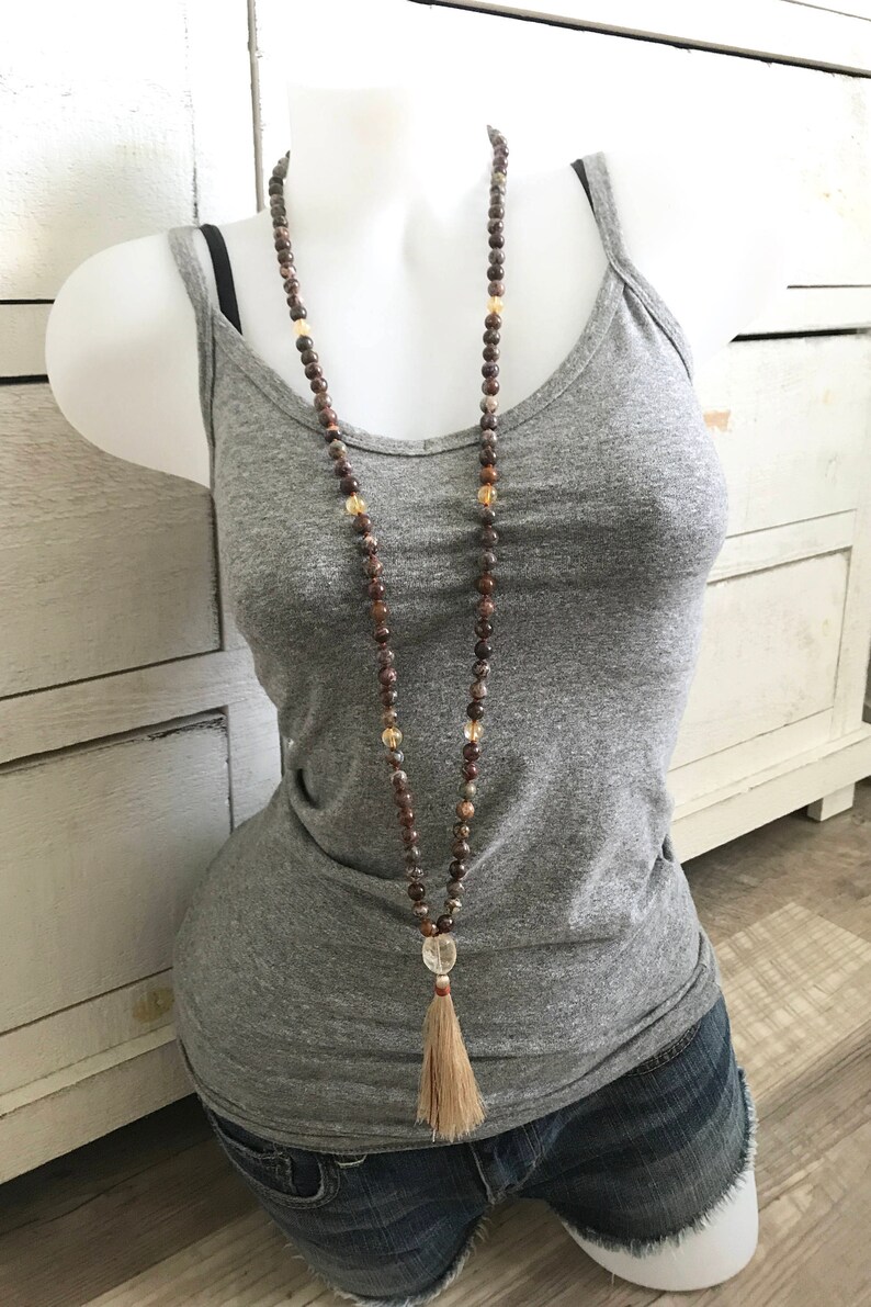 108 Bead Mala With Sari Silk Tassel AFRICAN OPAL MALA Citrine Mala Bead Necklace Unique Mala Beads Japa Mala Necklace
