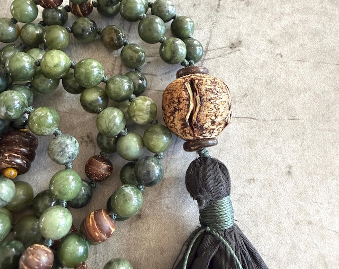 Green Jade Mala Necklace - 108 Mala Beads - Sari Silk Tassel - Earthy Mala Beads - Mala For Grounded Clarity, Hand Knotted - Earth Goddess