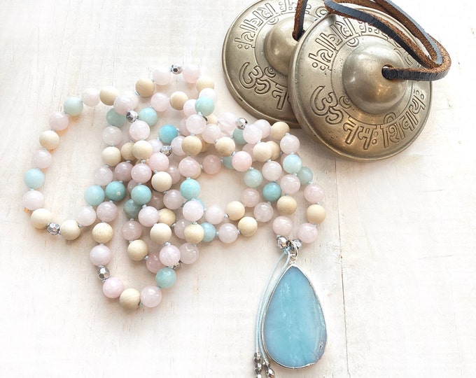 Acceptance and Growth Mala - Amazonite and Rose Quartz Mala Necklace - Riverstone Mala Beads - 108 Bead Mala - Prayer Beads