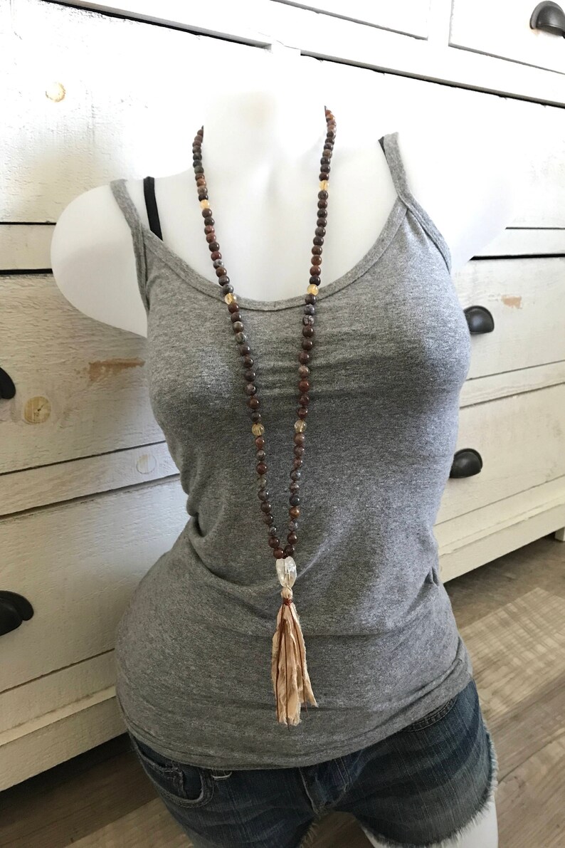 108 Bead Mala With Sari Silk Tassel AFRICAN OPAL MALA Citrine Mala Bead Necklace Unique Mala Beads Japa Mala Necklace