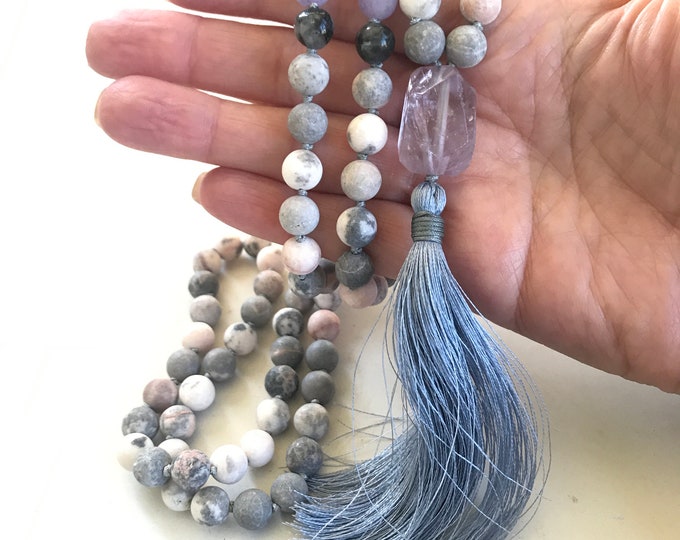Calm The Mind Mala Beads - Pink Zebra Jasper - Labradorite Mala Necklace - 108 Mala Bead - Amethyst Guru Bead - Sari Silk Tassel - Knotted