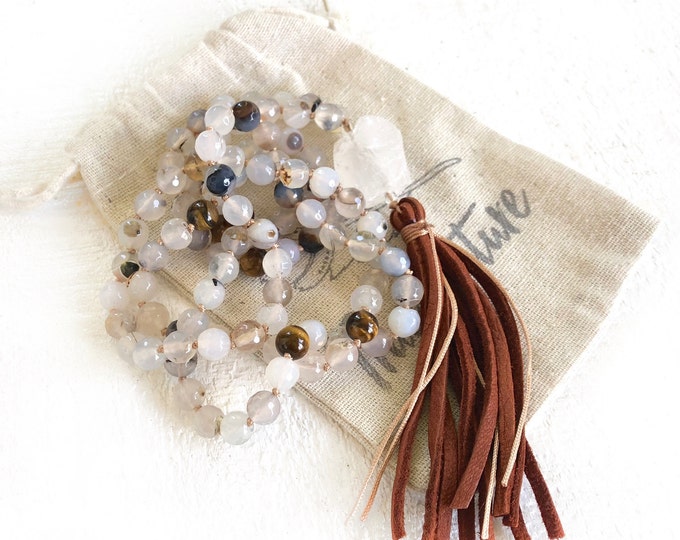 Creamy White Agate Mala Beads - Tiger Eye Mala Necklace - 108 Beads Mala - Raw Clear Quartz Guru Bead - Sacral Chakra Mala