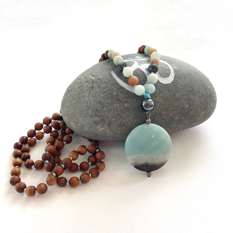 Positive Vibrations Mala Sandalwood Mala Beads Amazonite Hematite Mala Necklace Mala Beads 108 Japa Mala Mala For Meditation image 6