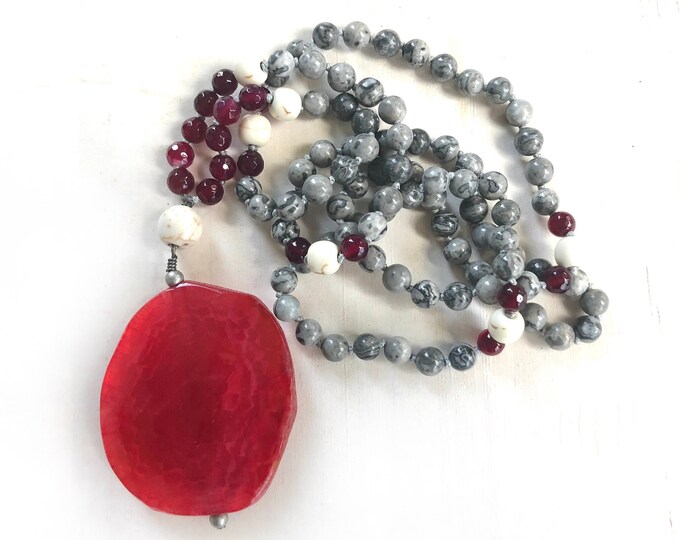 Power Stone Mala Bead Necklace - 108 Bead Mala - Red Agate & Jasper Hand Knotted Mala - Yoga Gift Idea - Meditation Mala Beads - Yoga Beads