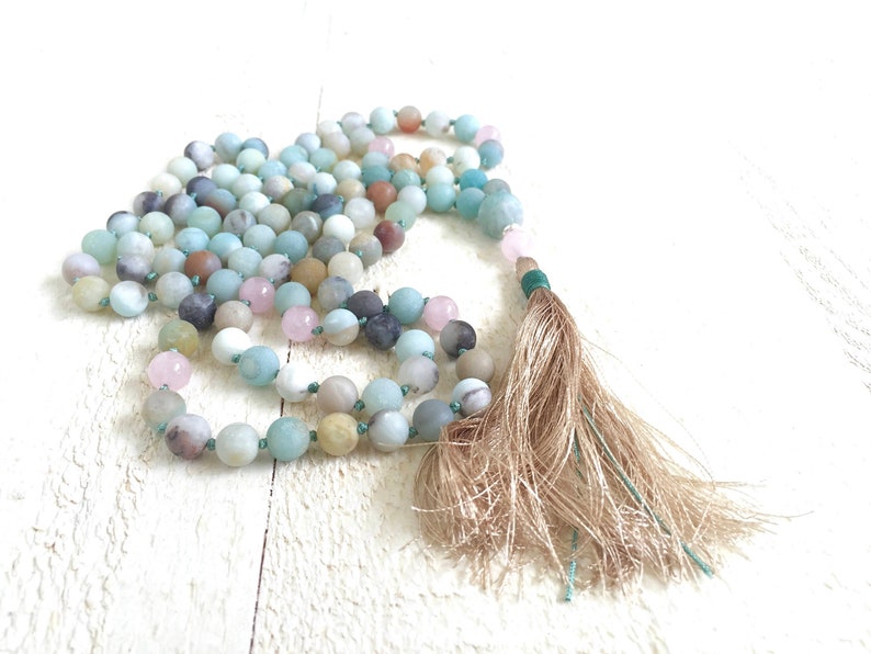 Mala For Calming Amazonite Mala Beads 108 Bead Mala Rose Quartz Amazonite Mala Yoga Meditation Beads Japa Mala Beige Silk Thread