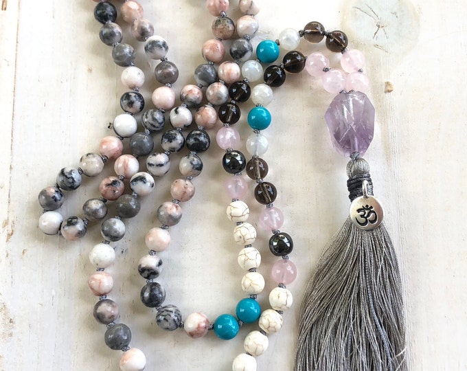 Cleanse Away Negativity Mala Beads - Smokey Quartz Mala Necklace - Moonstone - Amethyst Guru Bead - Turquoise beads - 108 Bead Mala