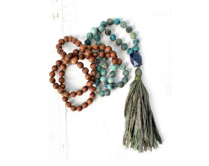 African Turquoise Mala Necklace: Sandalwood Beads, Lapis Guru Bead