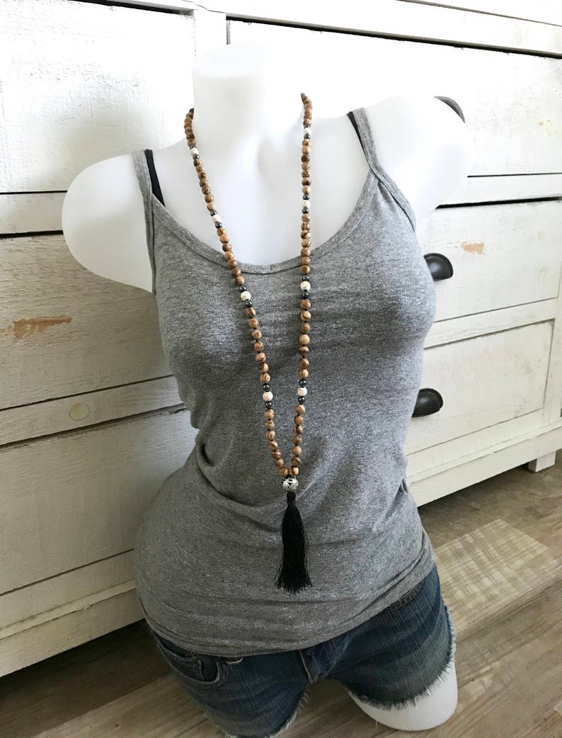 Silk Tassel Mala Natural Wood Mala Beads Knotted Mala Beads Wood 108 Bead Mala Bohemian Necklace Tassel Mala Necklace