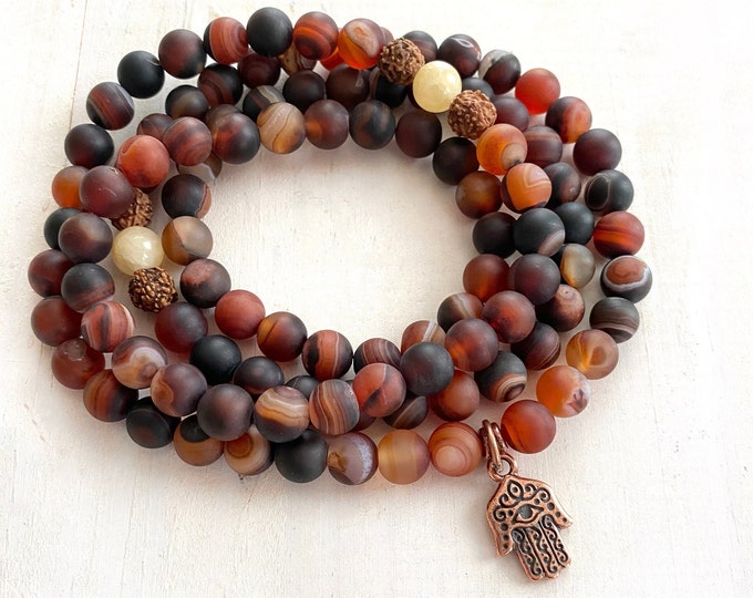 Accept Yourself Mala Beads - Dream Agate Mala - Rudraksha Stretch Mala - 108 Beads - Wrist Wrap Mala - Hamsa Hand Charm