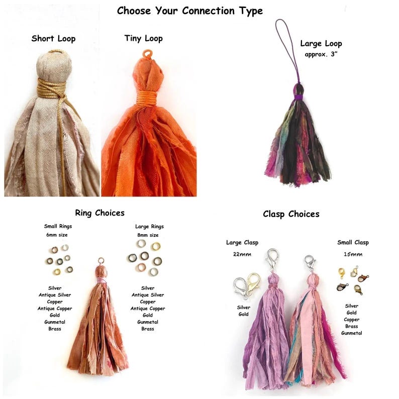 May include: A collection of fabric tassels with various connection types including short, tiny, and large 3-inch loops. The image displays ring options in 6mm and 8mm sizes, and clasp options in 22mm and 15mm sizes, featuring silver, gold, copper, brass, and gunmetal finishes.