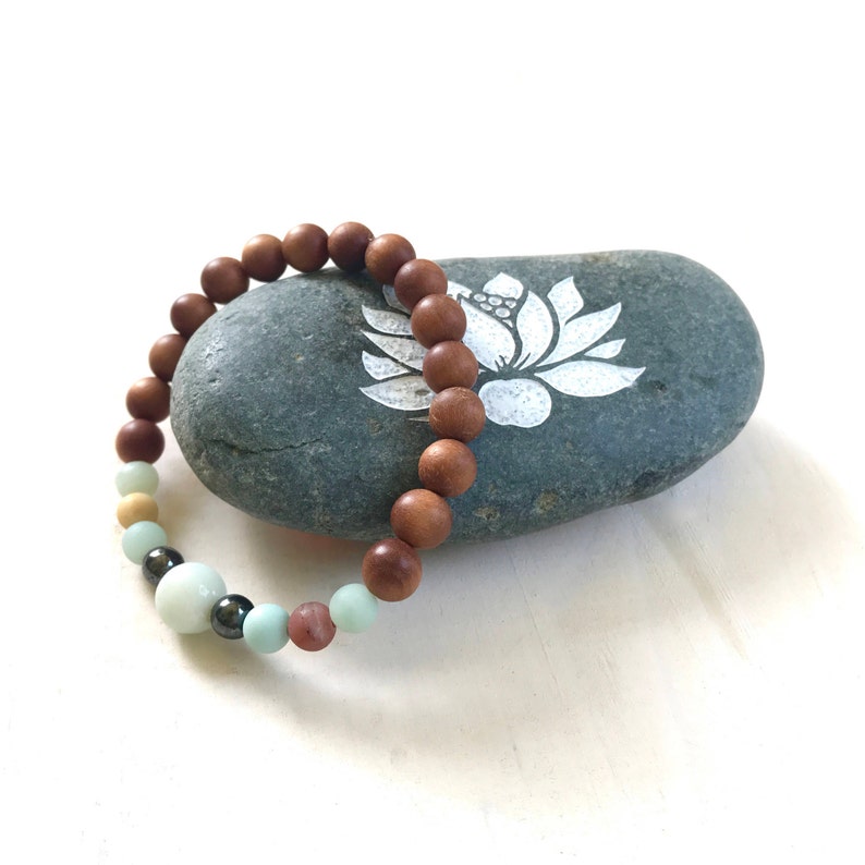 Sandalwood and Amazonite Mala Bracelet, Bracelet With Matching Mala Beads, Yoga Jewelry, Bohemian Style Jewelry, Festival Jewelry image 1