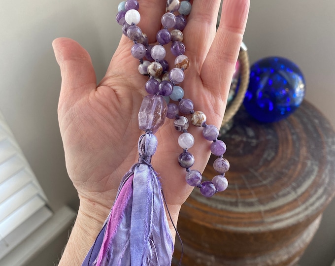 Calm Your Mind - Mala Beads - Pocket Mala - 54 Bead Mala - Hand Knotted - Travel Mala - Flower Amethyst - Sari Silk Tassel