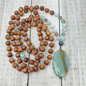 Positive Vibrations Mala Sandalwood Mala Beads Amazonite Hematite Mala Necklace Mala Beads 108 Japa Mala Mala For Meditation image 7