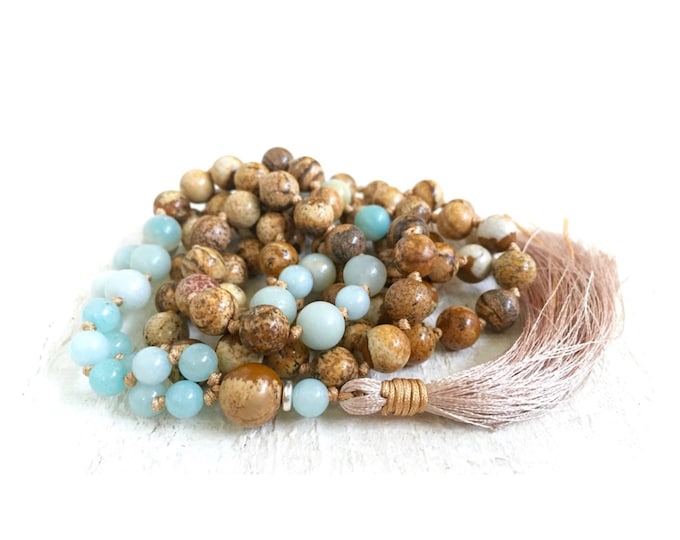 Picture Jasper Mala Beads: Amazonite Hand Knotted 108 Beaded Mala