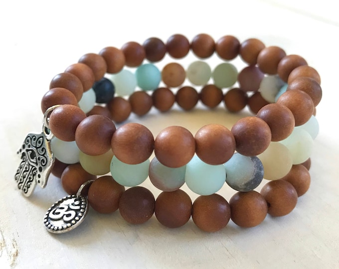 Sandalwood Stack Bracelet, Amazonite Mala Bead Bracelets, Hamsa Charm Bracelet, OM Charm Bracelet, Yoga Jewelry, Stretch Bracelets