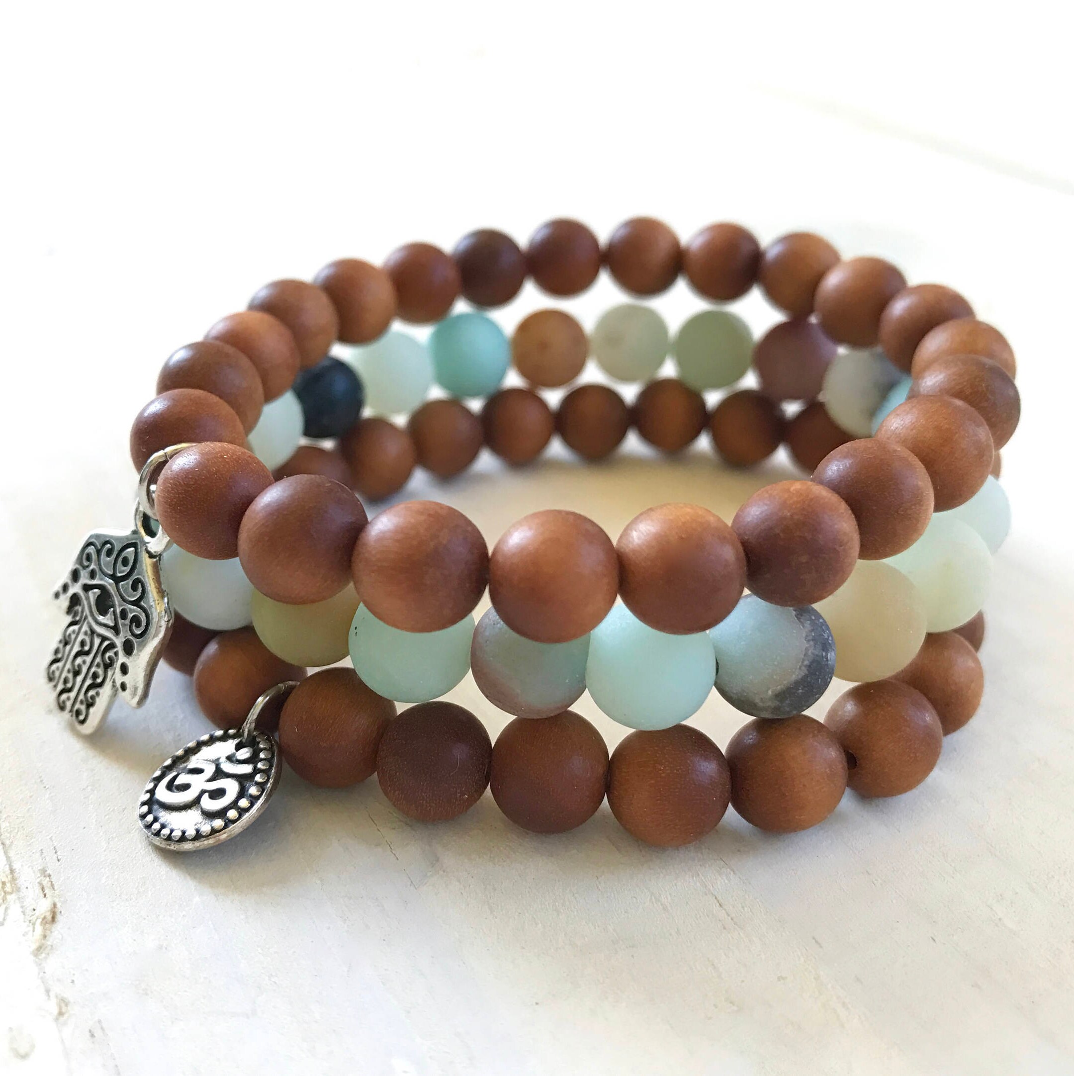 Sandalwood Stack Bracelet Amazonite Mala Bead Bracelets Hamsa Charm Bracelet OM Charm Bracelet Yoga Jewelry Stretch Bracelets