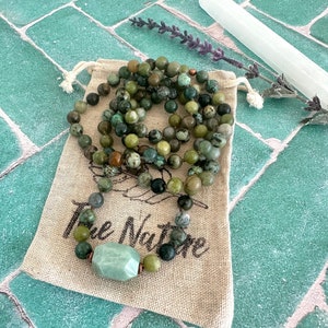 Heart Chakra Mala Beads - Anahata Mala Necklace - Amazonite - Green Jade - Moss Agate - Chrysoprase - African Turquoise - 108 Bead Mala