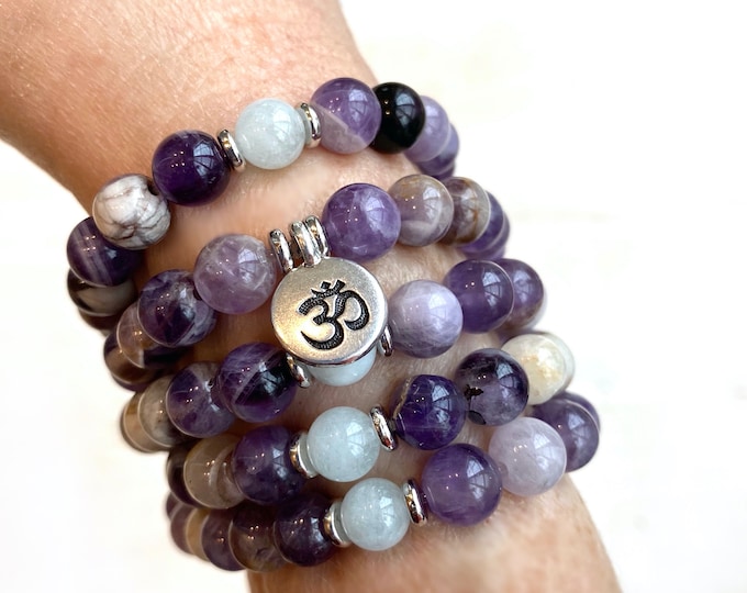 Mala For Hope - Amethyst Mala Beads - Aquamarine Mala - Wrist Wrap Mala - 108 Bead Mala - Mantra Mala - Meditation Mala