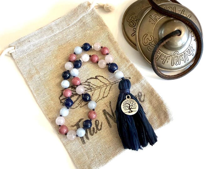 Mini Mala Beads - 27 Bead Pocket Mala - Hand Knotted - Lapis Lazulie & Rhodonite Beads, Aquamarine and Rose Quartz Beads, Sari Silk Tassel