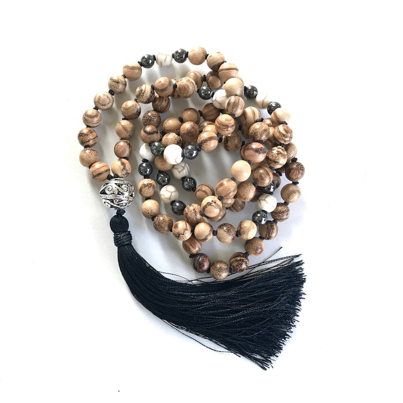 Silk Tassel Mala Natural Wood Mala Beads Knotted Mala Beads Wood 108 Bead Mala Bohemian Necklace Tassel Mala Necklace