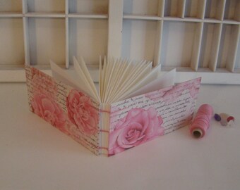 Coptically bound mini writing book - Pink flower - Rose - diary - drawing book - landscape model - hand-tied