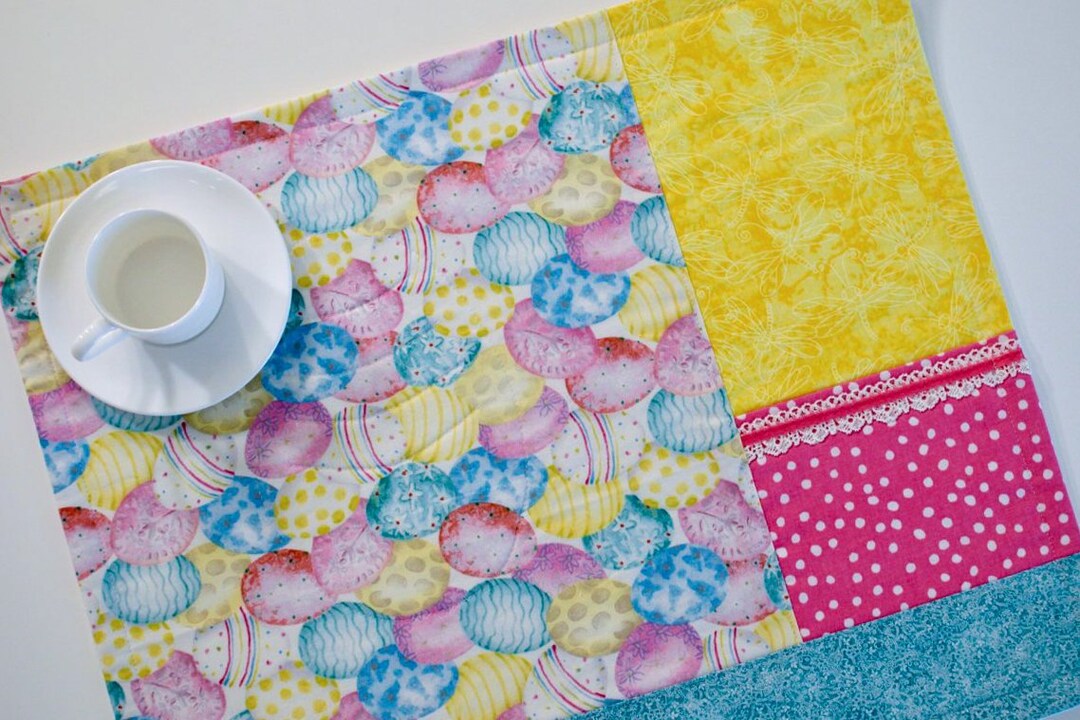 Easter Quilted Placemats Easter Egg Print in Spring Pastels With Napkin