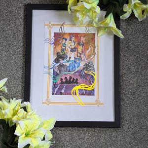 May include: Framed artwork with a fantasy illustration in a black frame. The artwork features several figures and decorative elements in yellow and gold. The image is decorated with yellow lilies.