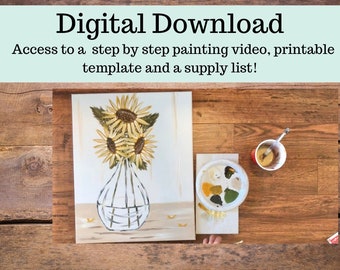 Sunflowers canvas painting tutorial/Instant download/ learn how to paint/ art video lesson/ Beginner/ diy painting/digital download/ Easy