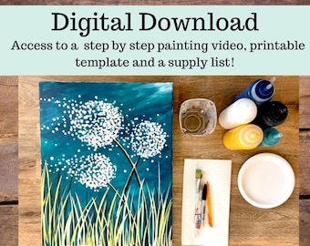 Dandelion canvas painting tutorial/Instant download/ learn how to paint/ art video lesson/ Beginner/ diy painting/digital download/ Easy