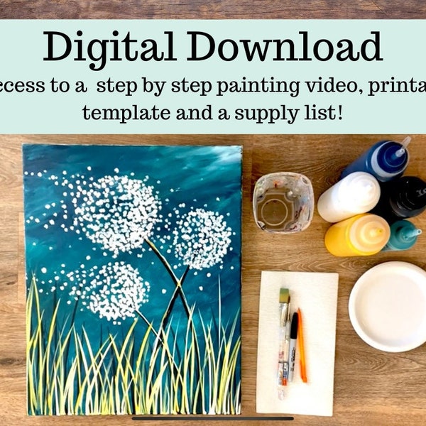 Dandelion canvas painting tutorial/Instant download/ learn how to paint/ art video lesson/ Beginner/ diy painting/digital download/ Easy