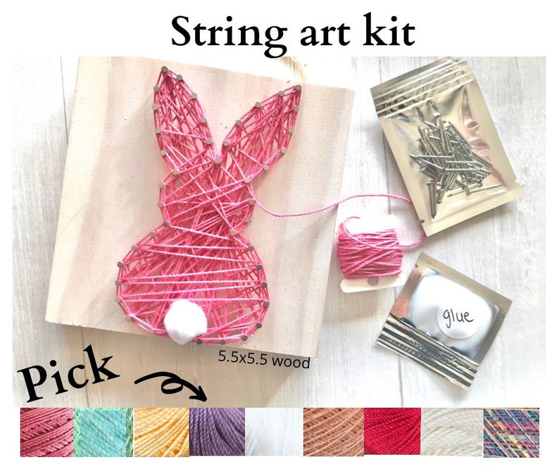 DIY Bunny String Art Kit 5.5x5.5 pine wood Easy for beginners Great Easter day gift Kids adults and teens Free Shippingvideo