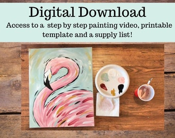 Flamingo canvas painting tutorial/Instant download/ learn how to paint/ art video lesson/ Beginner/ diy painting/digital download/ Easy