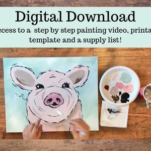 Pig canvas painting tutorial/Instant download/ learn how to paint/ art video lesson/ Beginner/ diy painting/digital download/ Easy