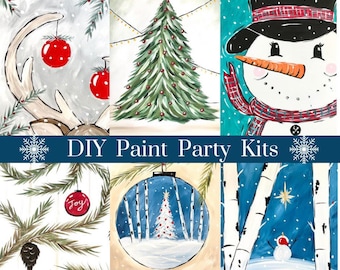 Christmas Paint Party canvas Kit - Host a DIY paint party at Home! Sip and paint - Includes ALL supplies & Video - Adult painting - Holiday