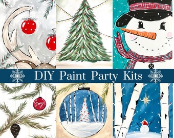 Christmas Paint Party canvas Kit - Host a DIY paint party at Home! Sip and paint - Includes ALL supplies & Video - Adult painting - Holiday