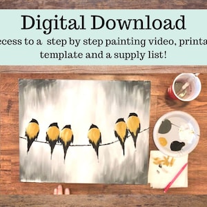 May include: Digital download for a painting project featuring a canvas with five yellow birds on a branch, a paint palette with black, white, and yellow paint, and a paintbrush.