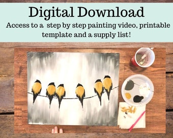Birds on wire canvas painting tutorial/Instant download/ learn how to paint/ art video lesson/ Beginner/ diy painting/digital download